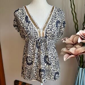 Moda International Plunge Neck‎ Blouse Gold Mesh Trim Empire Waist Size XS EUC